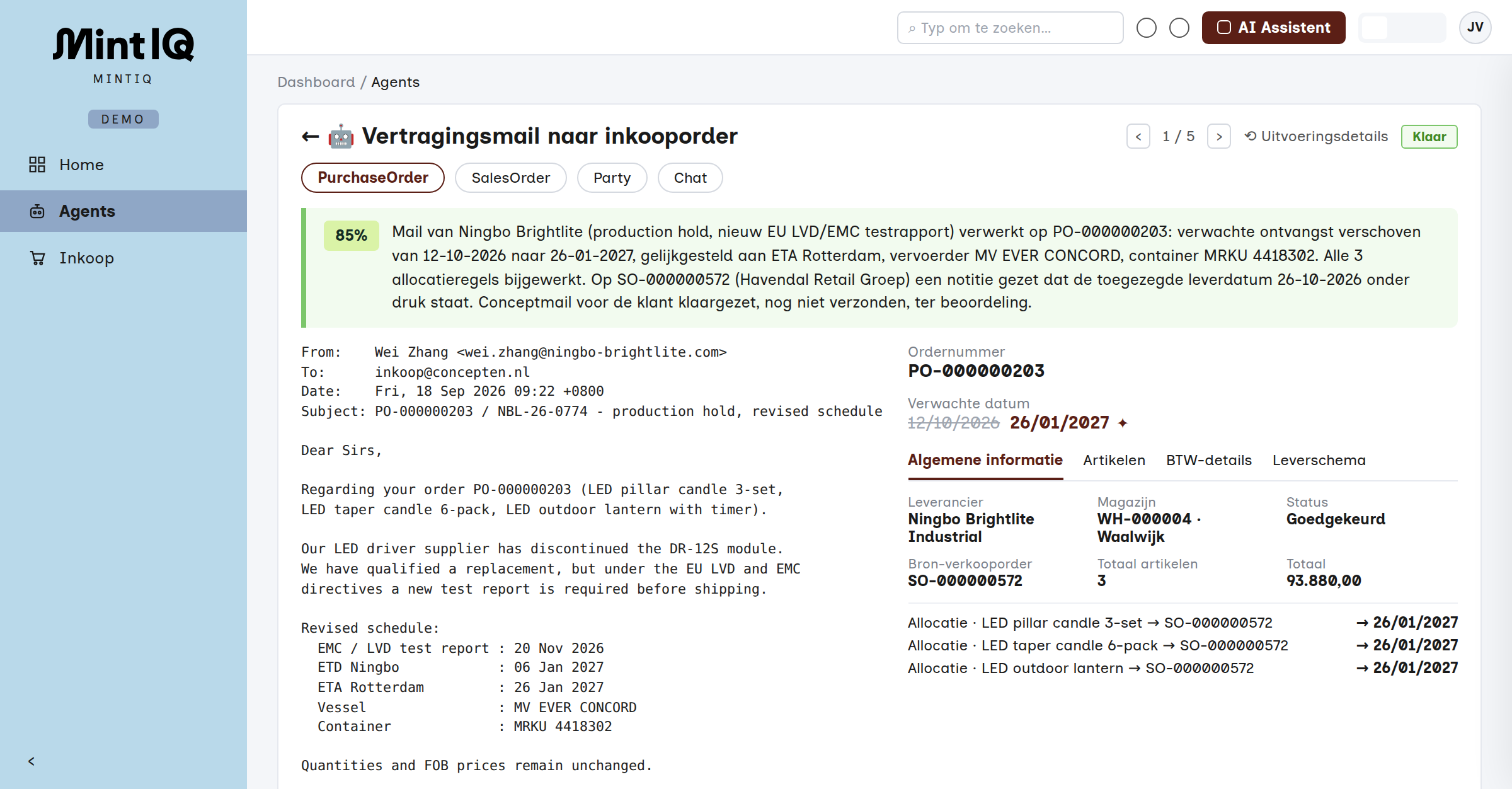 Uitvoeringsdetails van een agent in MintIQ: de leveranciersmail, de samenvatting met zekerheidsscore, de nieuwe leverdatum en de bijgewerkte allocaties