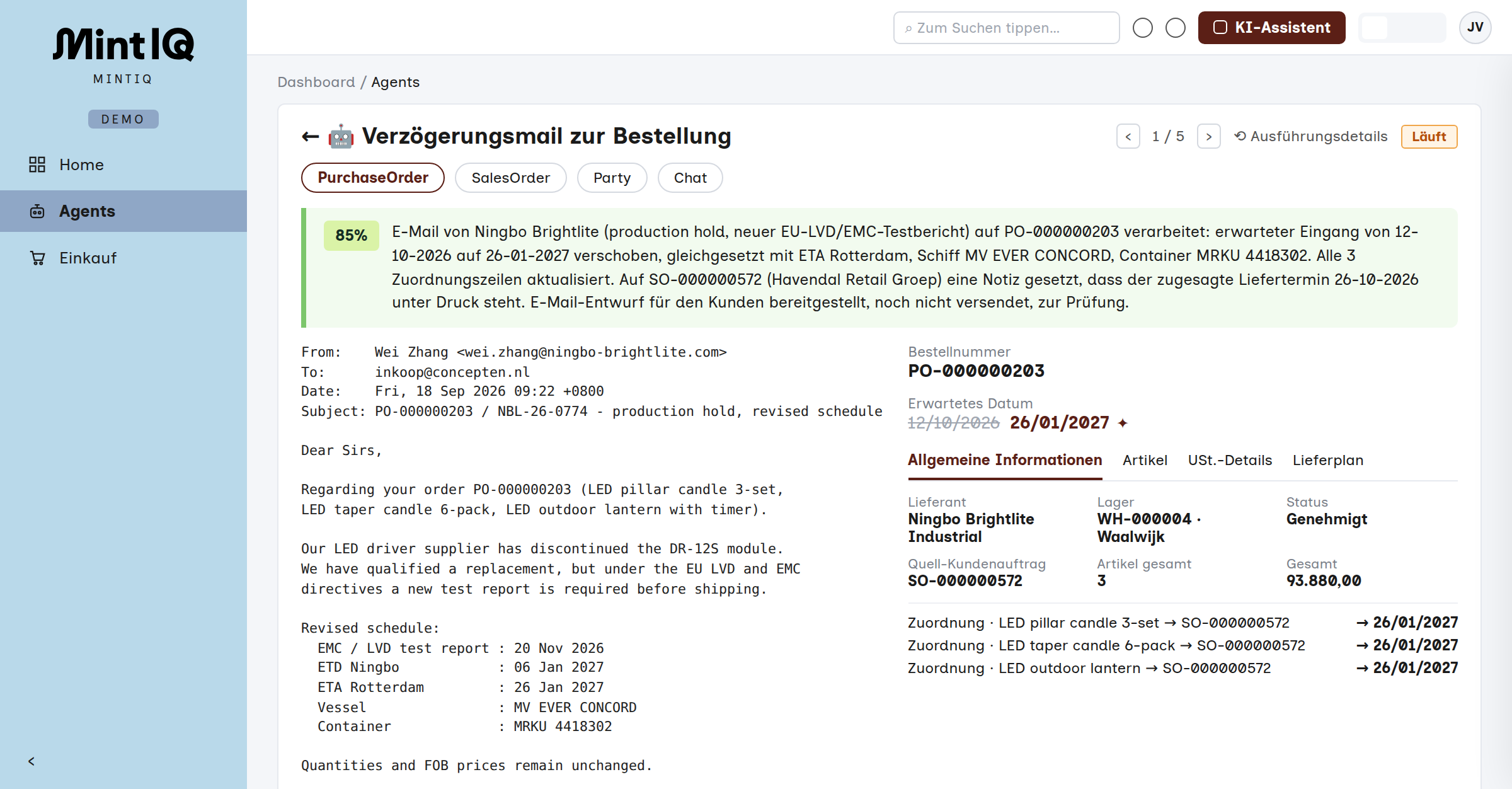 Ausführungsdetails eines Agents in MintIQ: die Lieferantenmail, die Zusammenfassung mit Konfidenzwert, der neue Liefertermin und die aktualisierten Zuordnungen