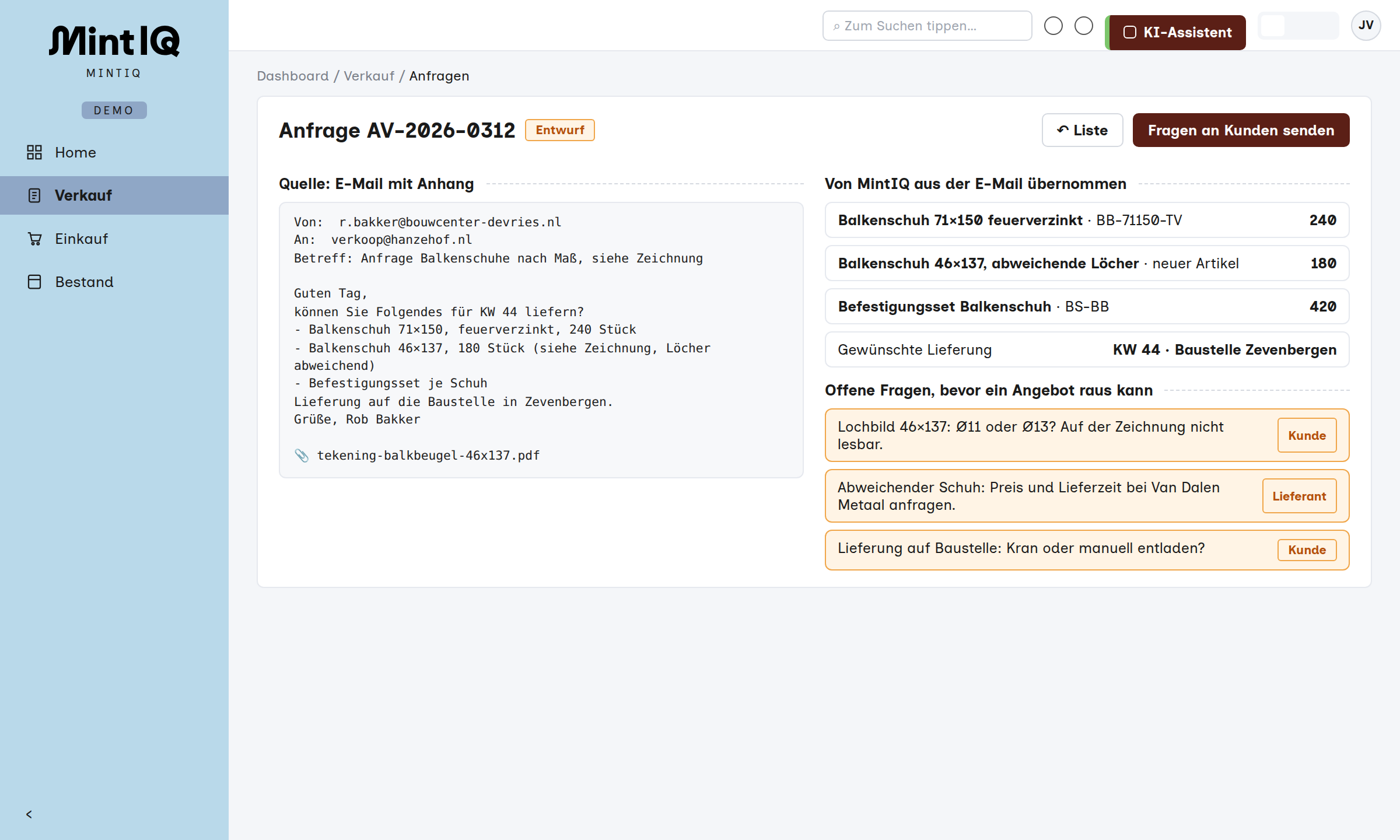 Anfrage aus einer Kundenmail mit offenen Fragen