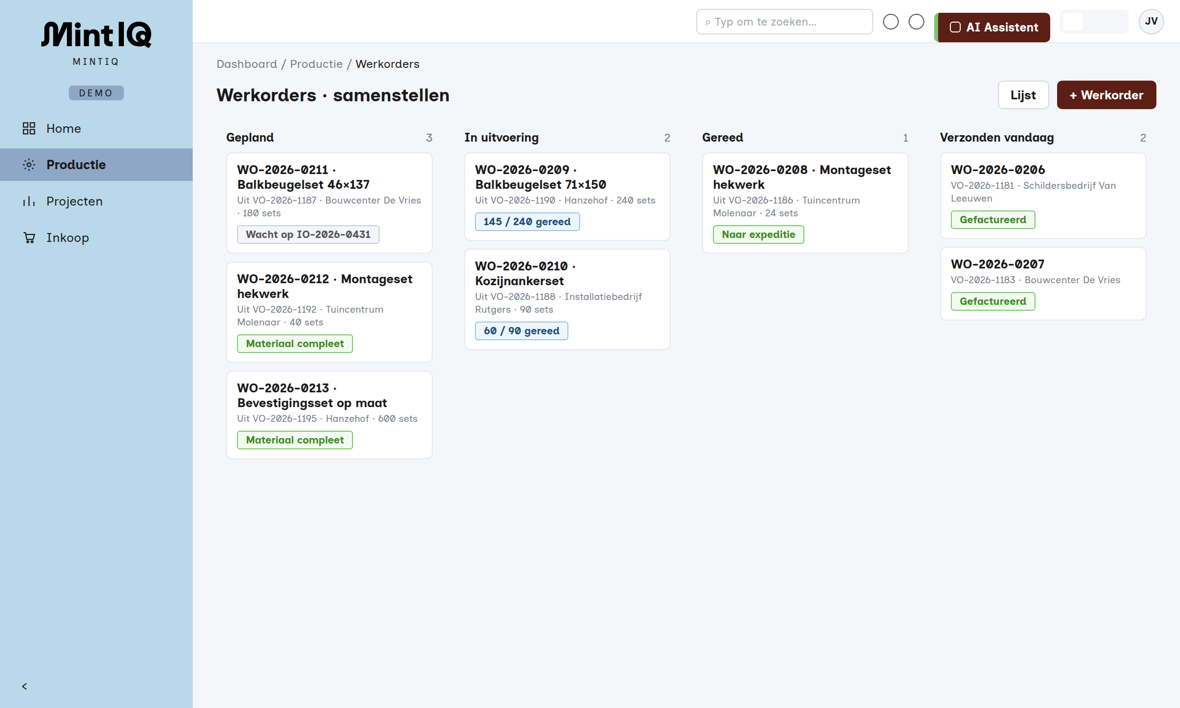 Werkorderbord met status per order