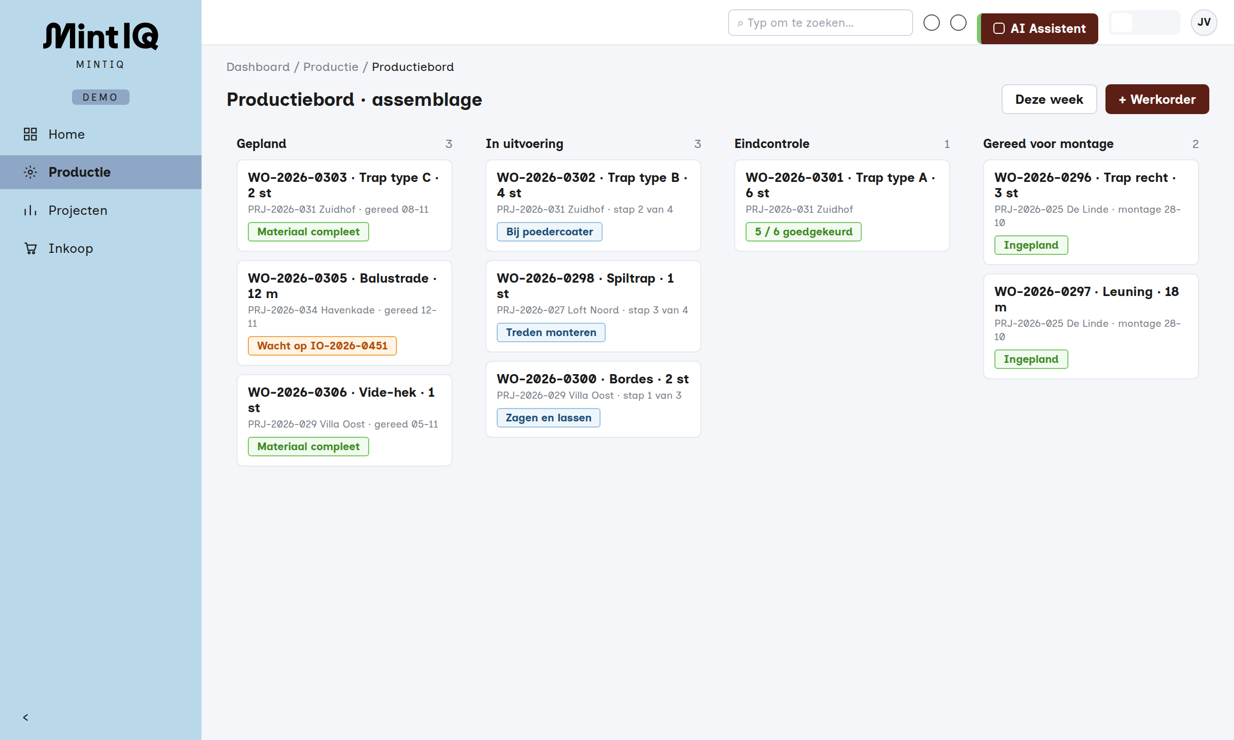 Productiebord met werkorders per status