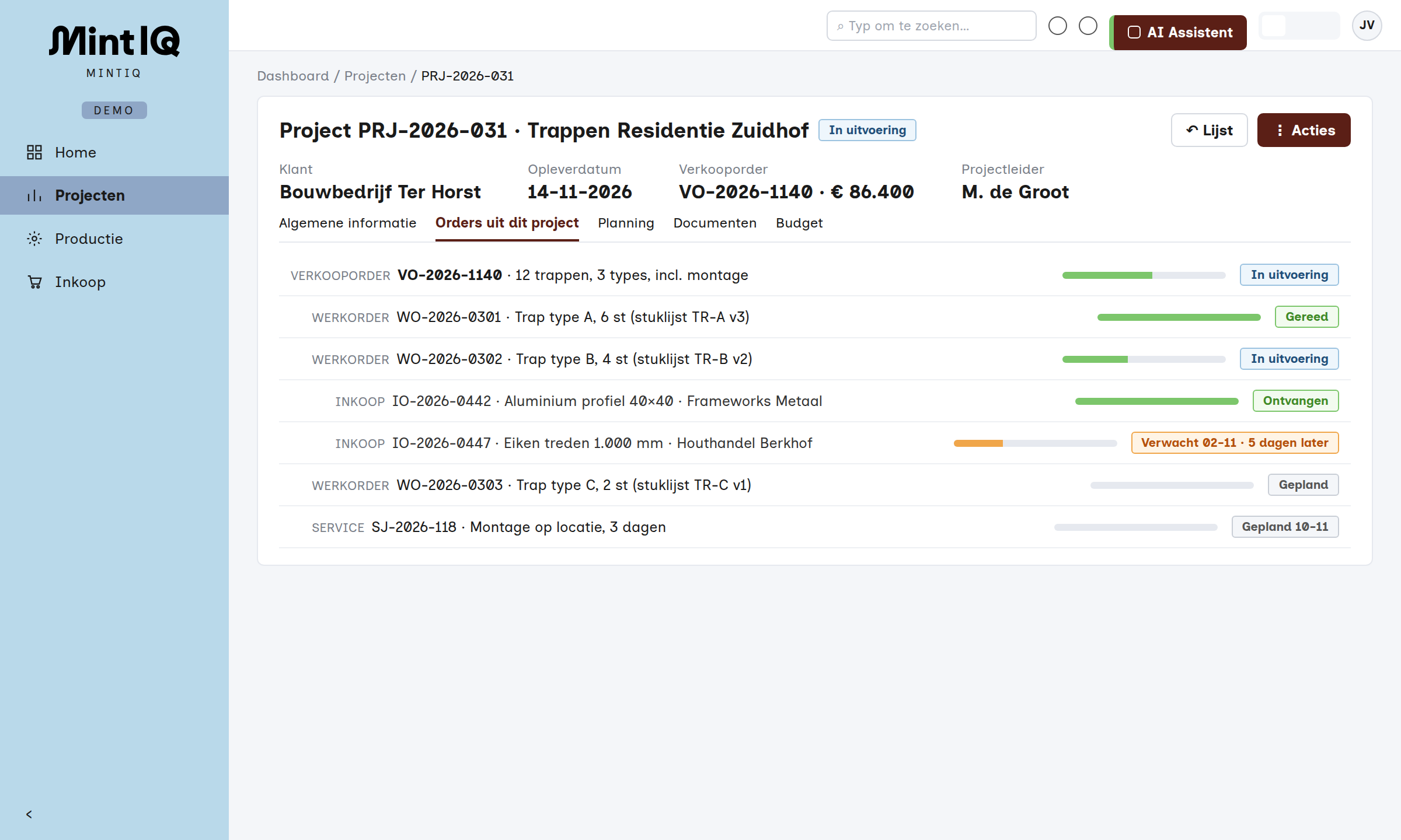 Project met verkooporder en afgeleide orders