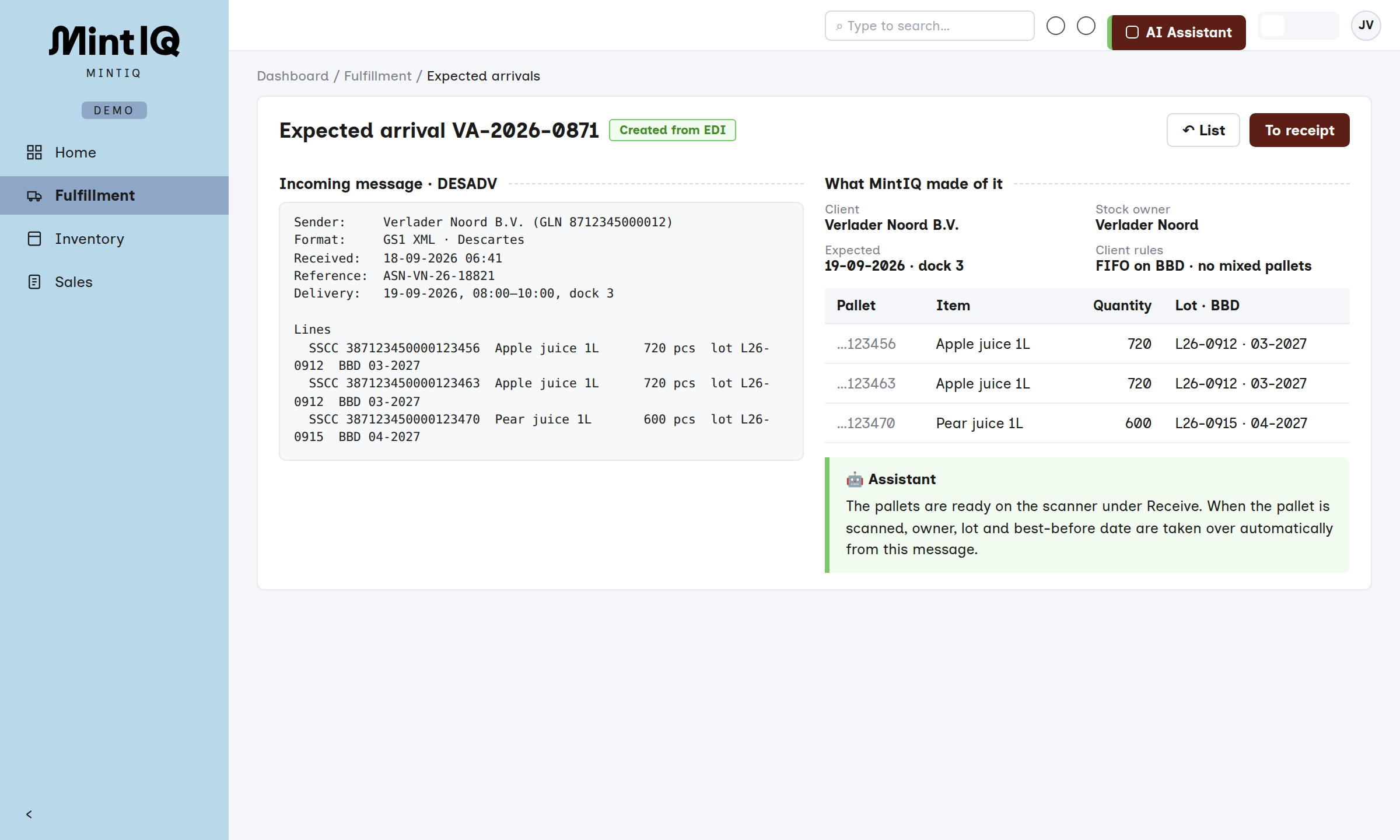 EDI message converted into an expected arrival