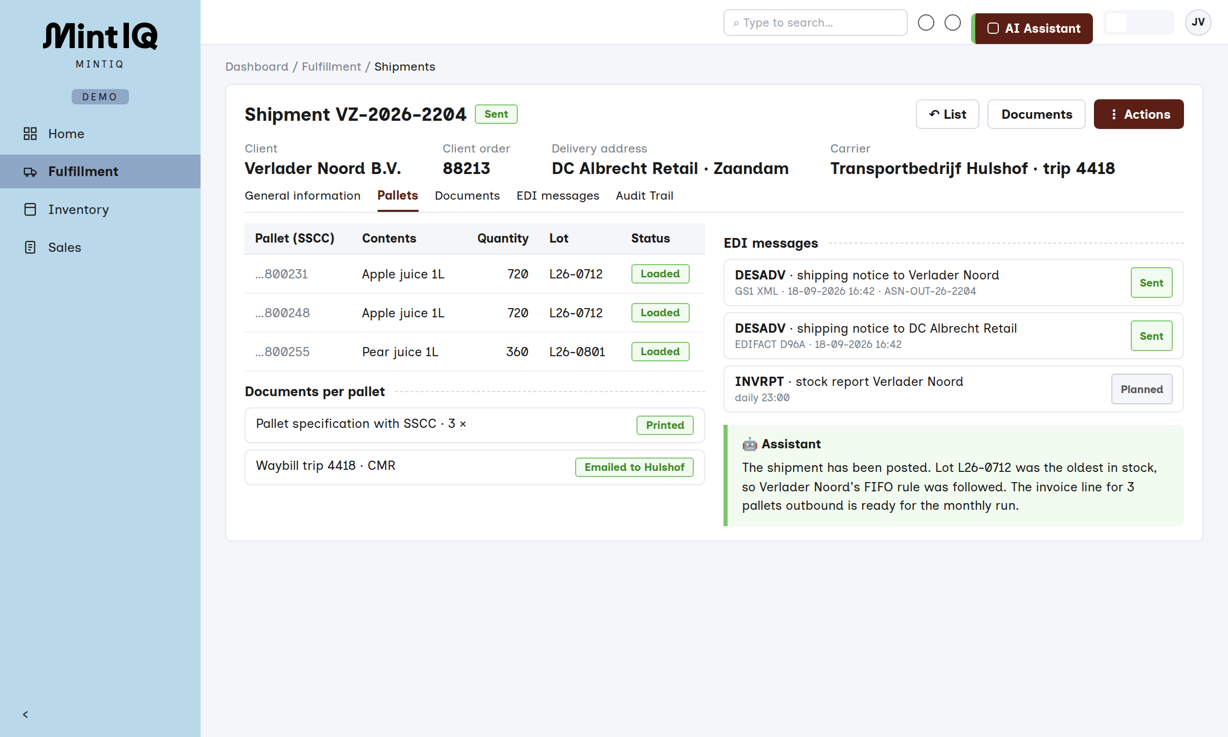 Shipment with pallets, documents and EDI messages