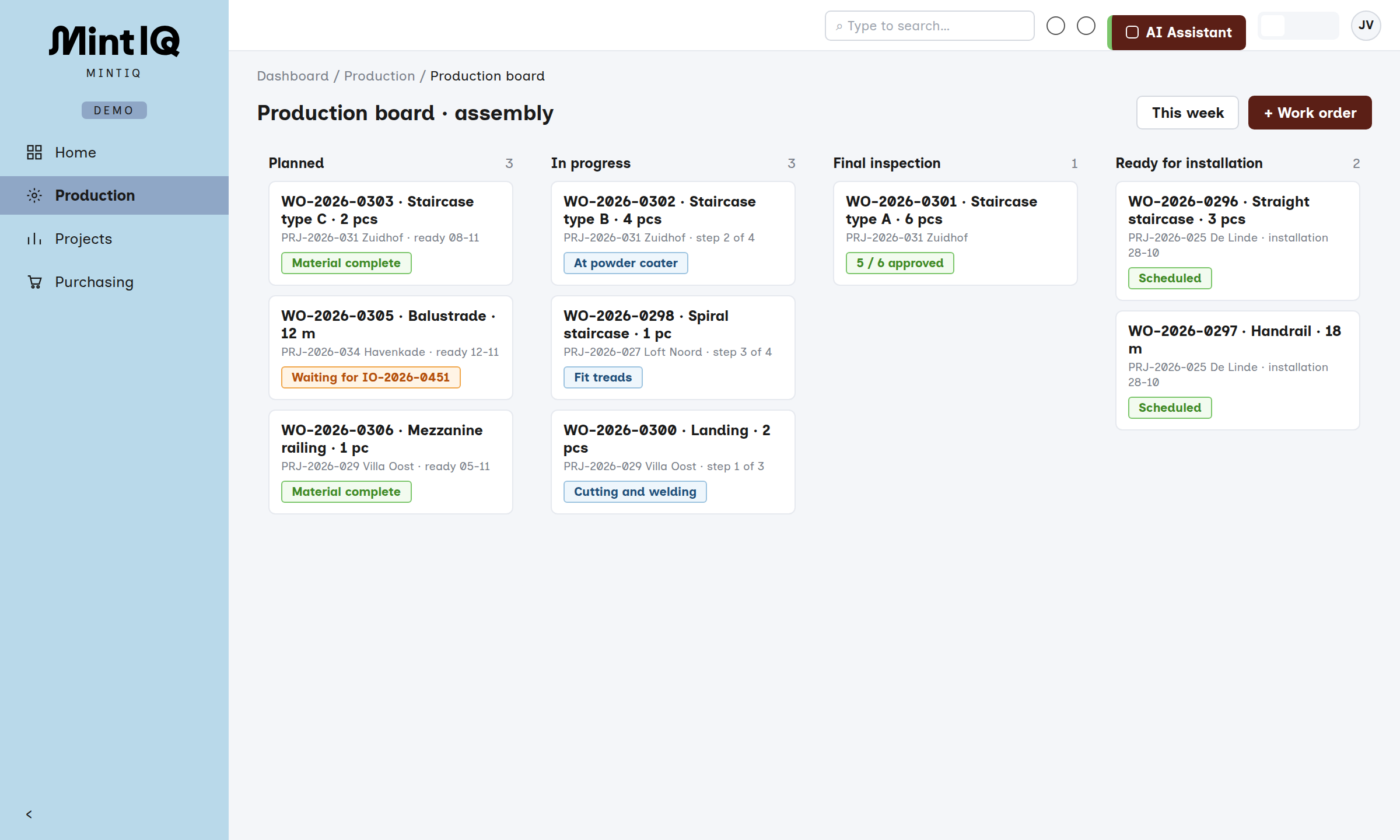 Production board with work orders per status