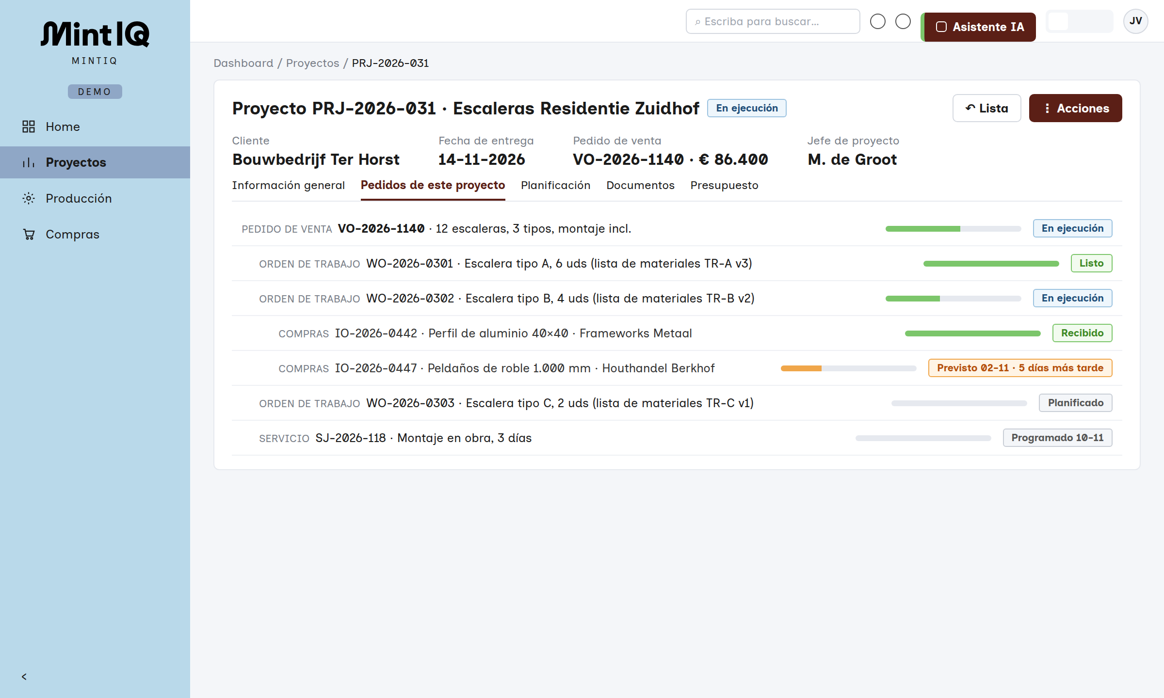 Proyecto con pedido de venta y pedidos derivados