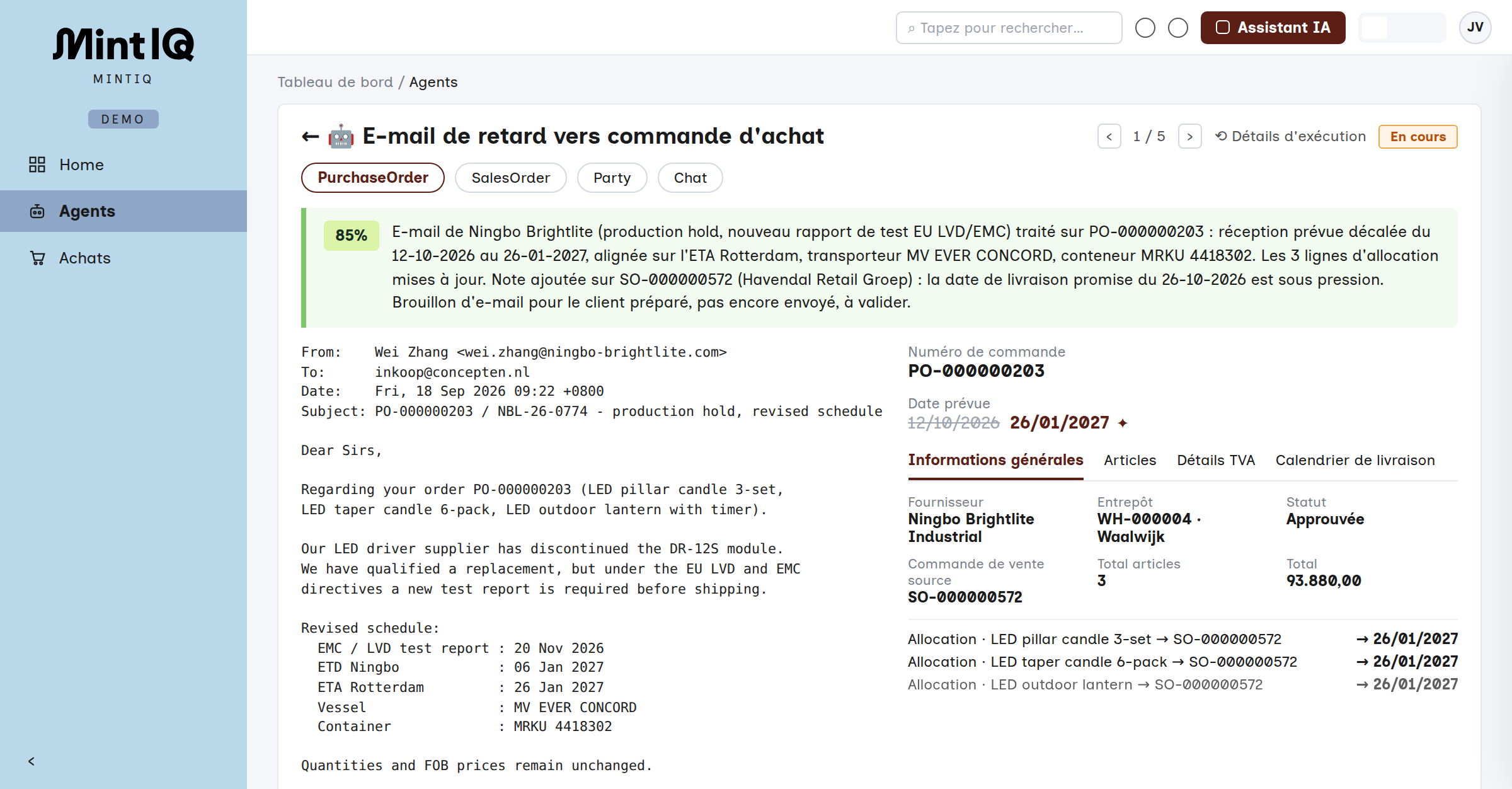 Détails d’exécution d’un agent dans MintIQ : le mail du fournisseur, le résumé avec le score de confiance, la nouvelle date de livraison et les allocations ajustées