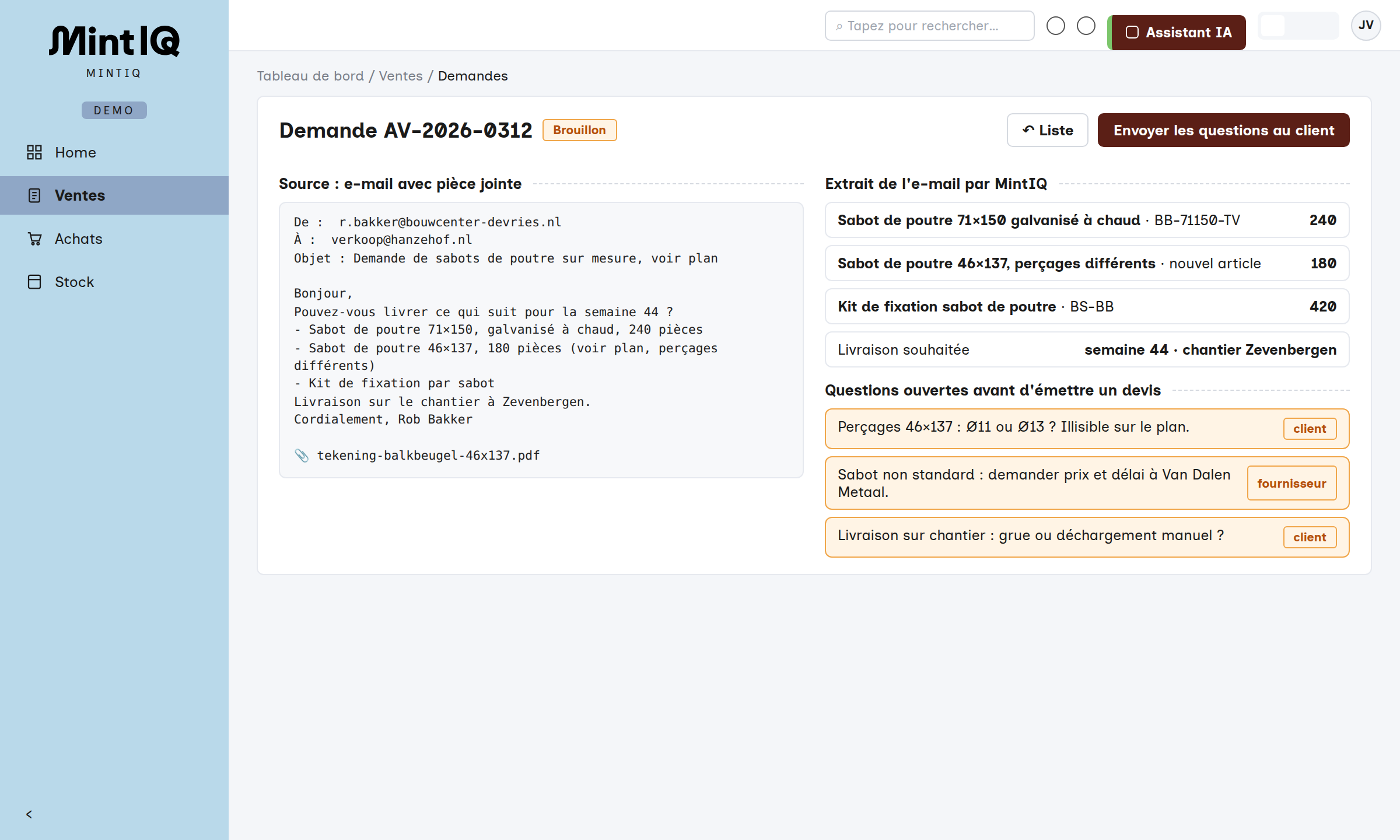 Demande issue d’un mail client, avec des questions ouvertes