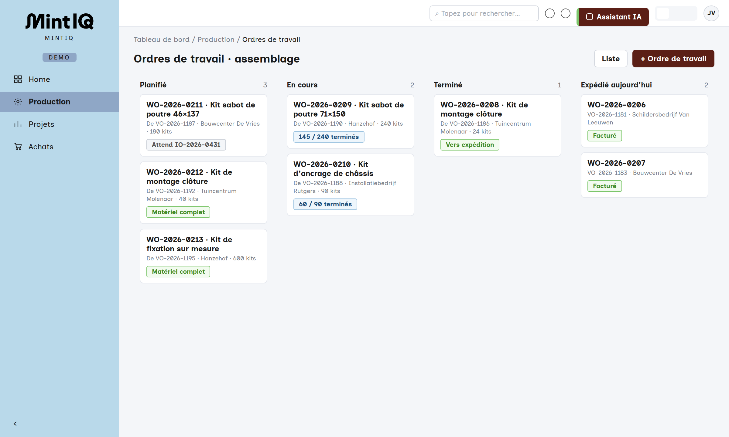 Tableau des ordres de fabrication avec le statut de chaque ordre