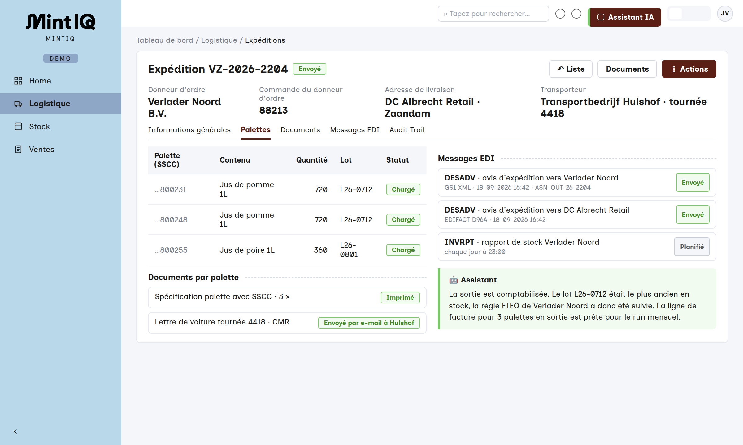 Expédition avec palettes, documents et messages EDI