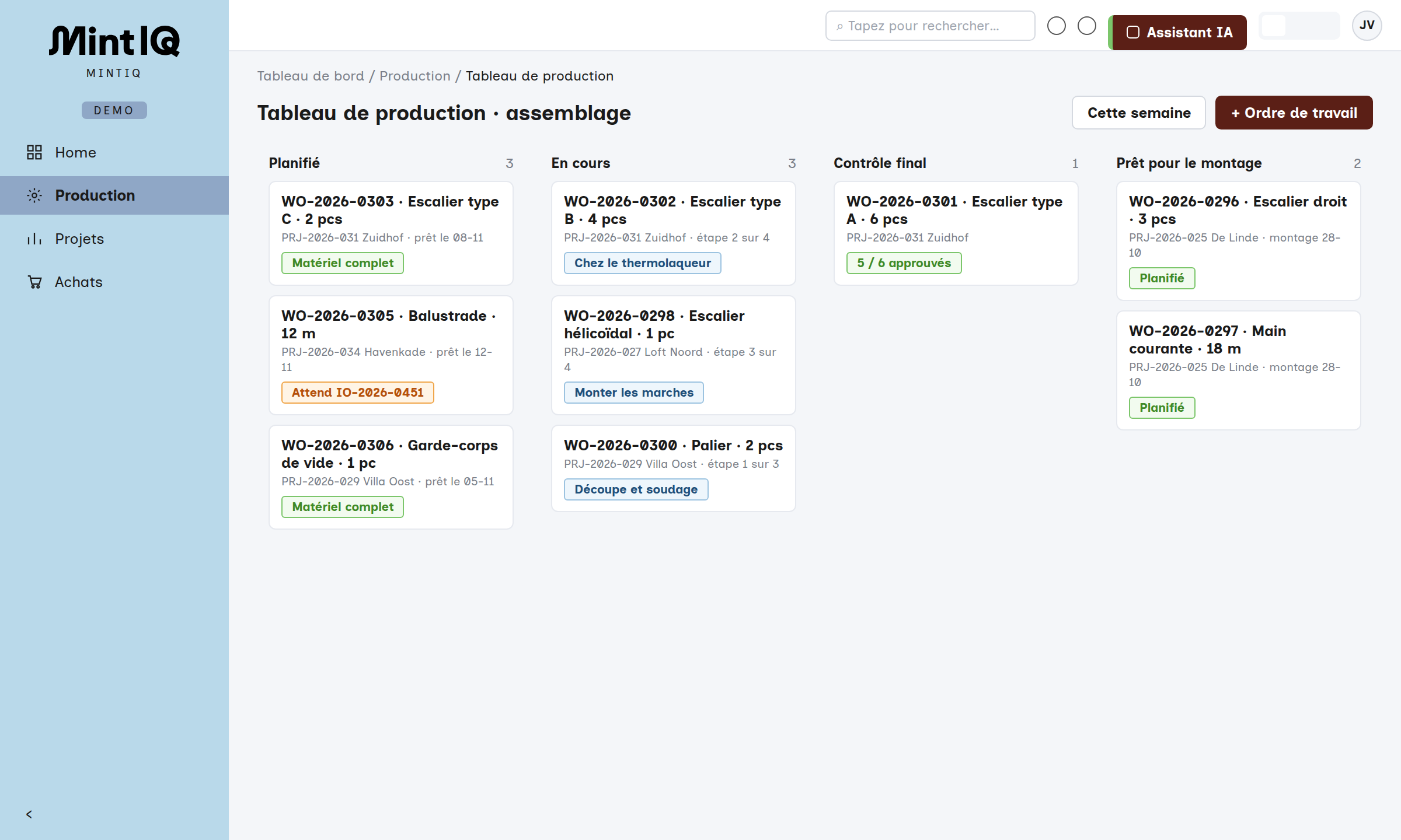 Tableau de production avec les ordres de fabrication par statut