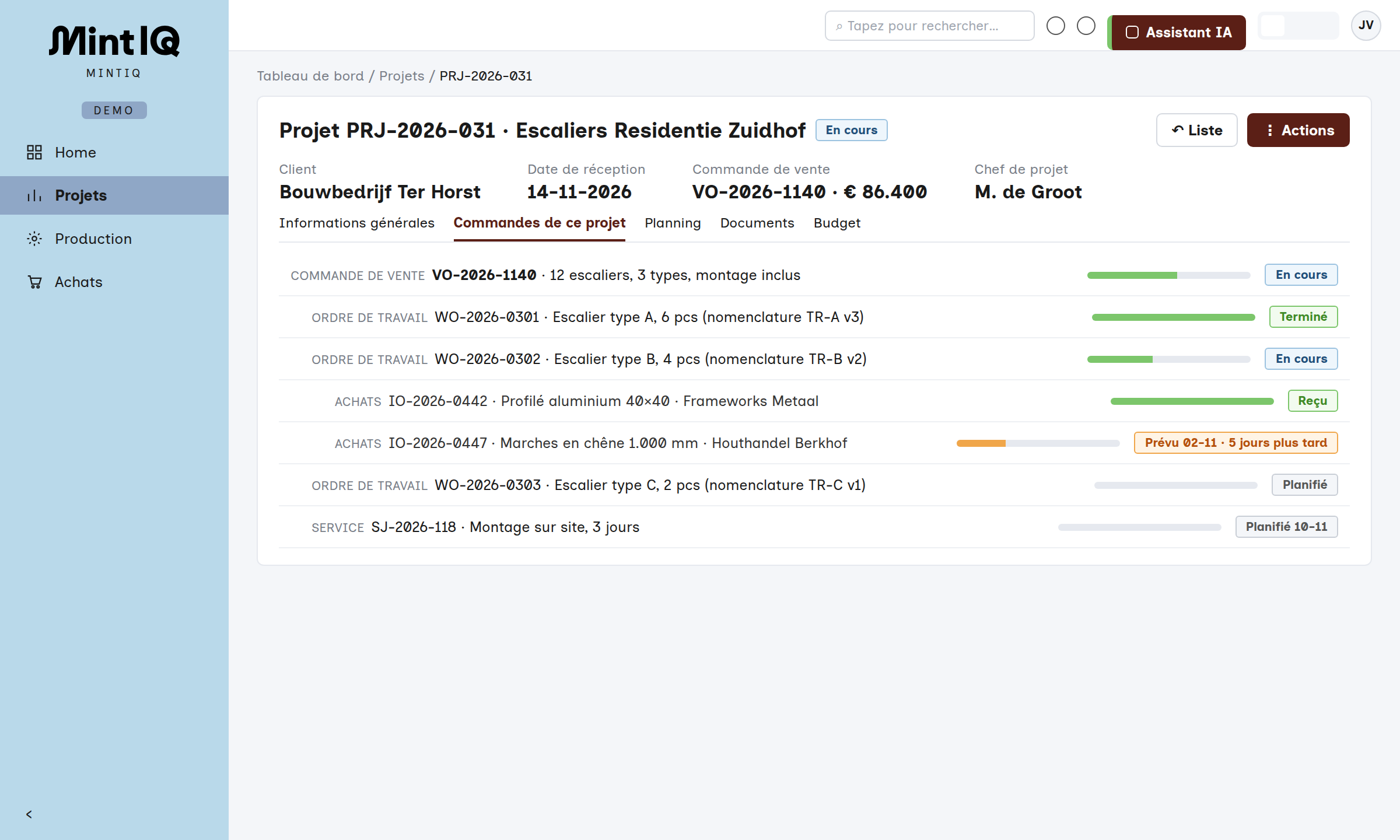 Projet avec la commande client et les commandes qui en découlent