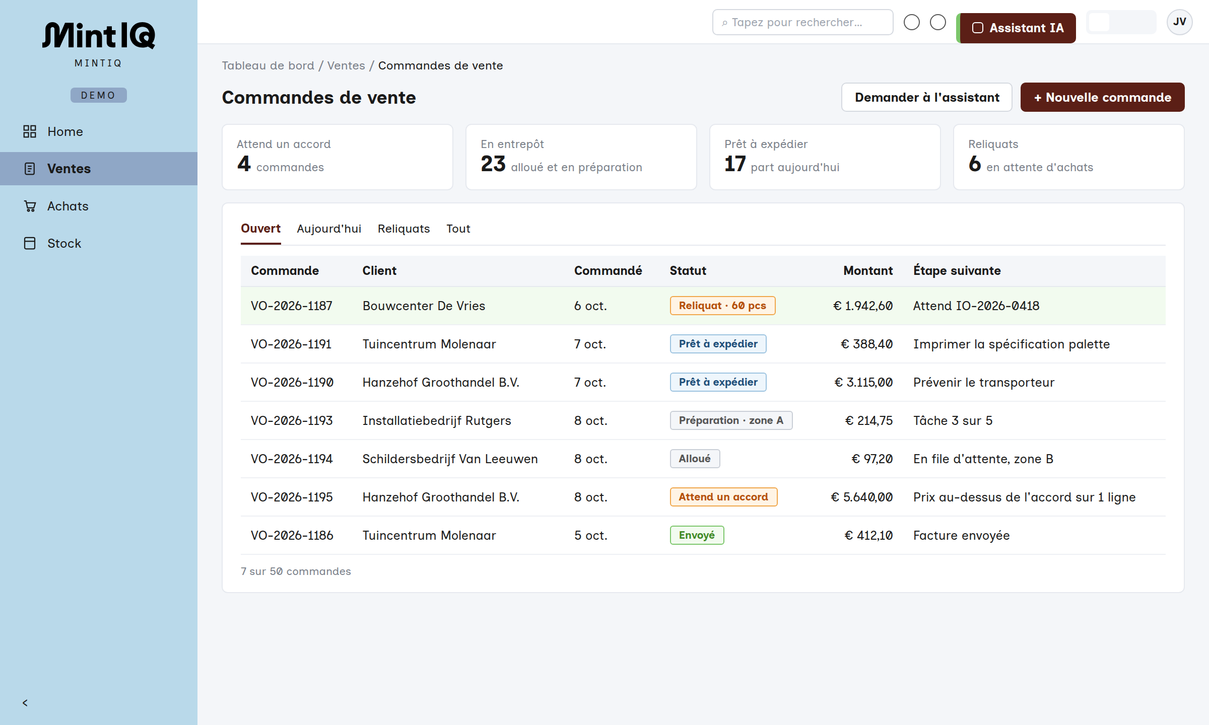 Les commandes client dans MintIQ avec leur statut dans l’entrepôt