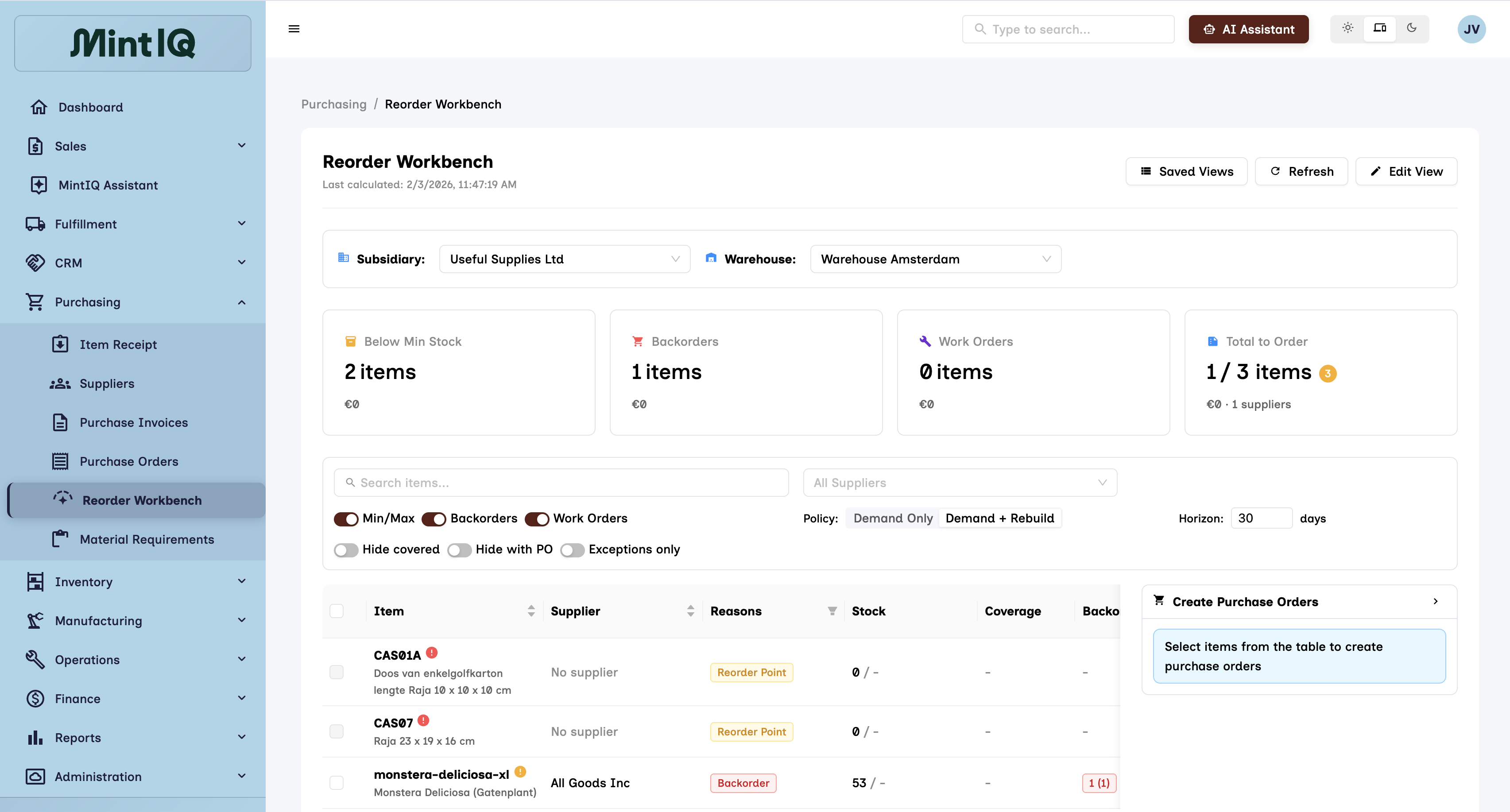 The reorder workbench in MintIQ