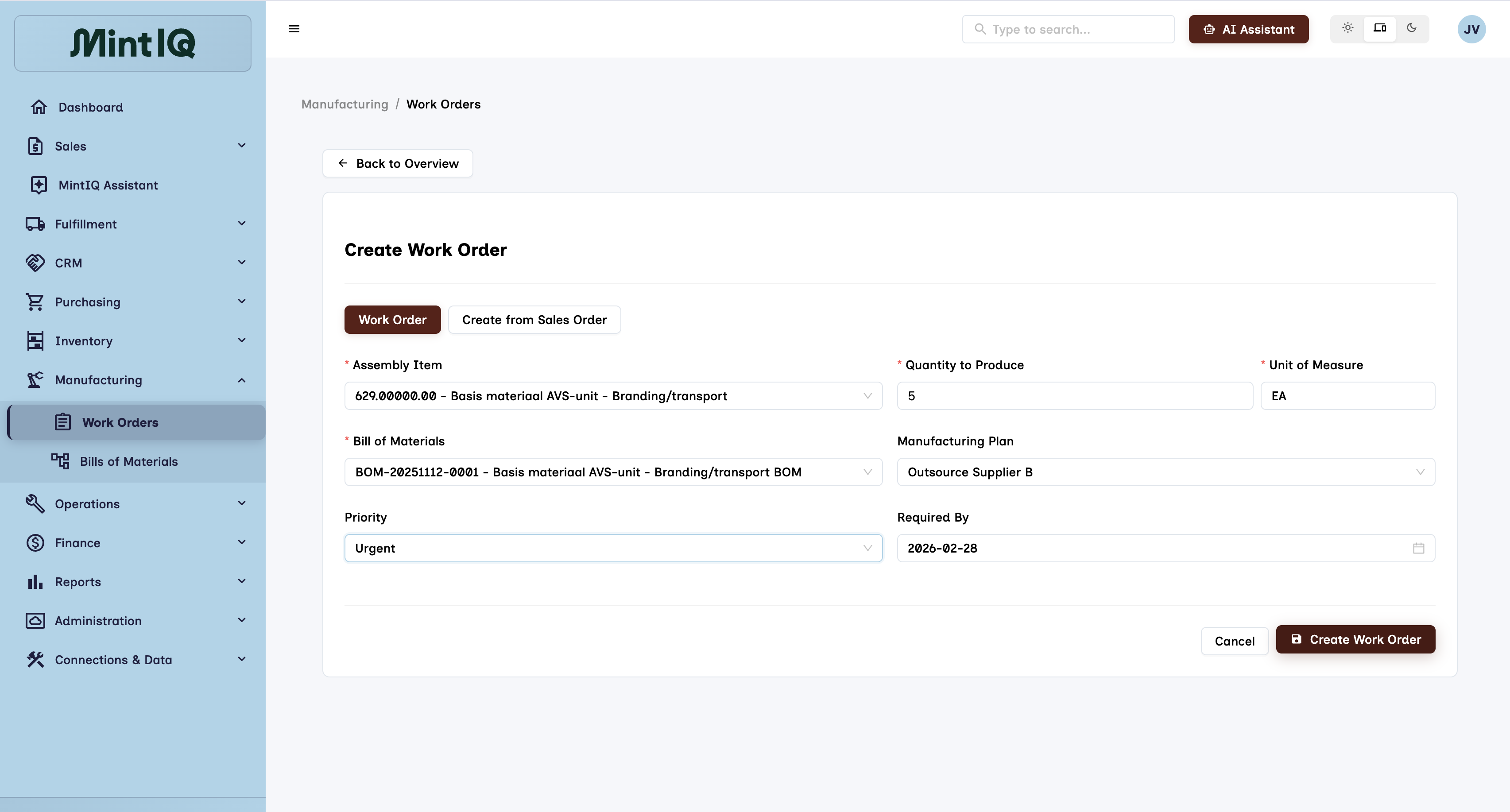 A work order in MintIQ